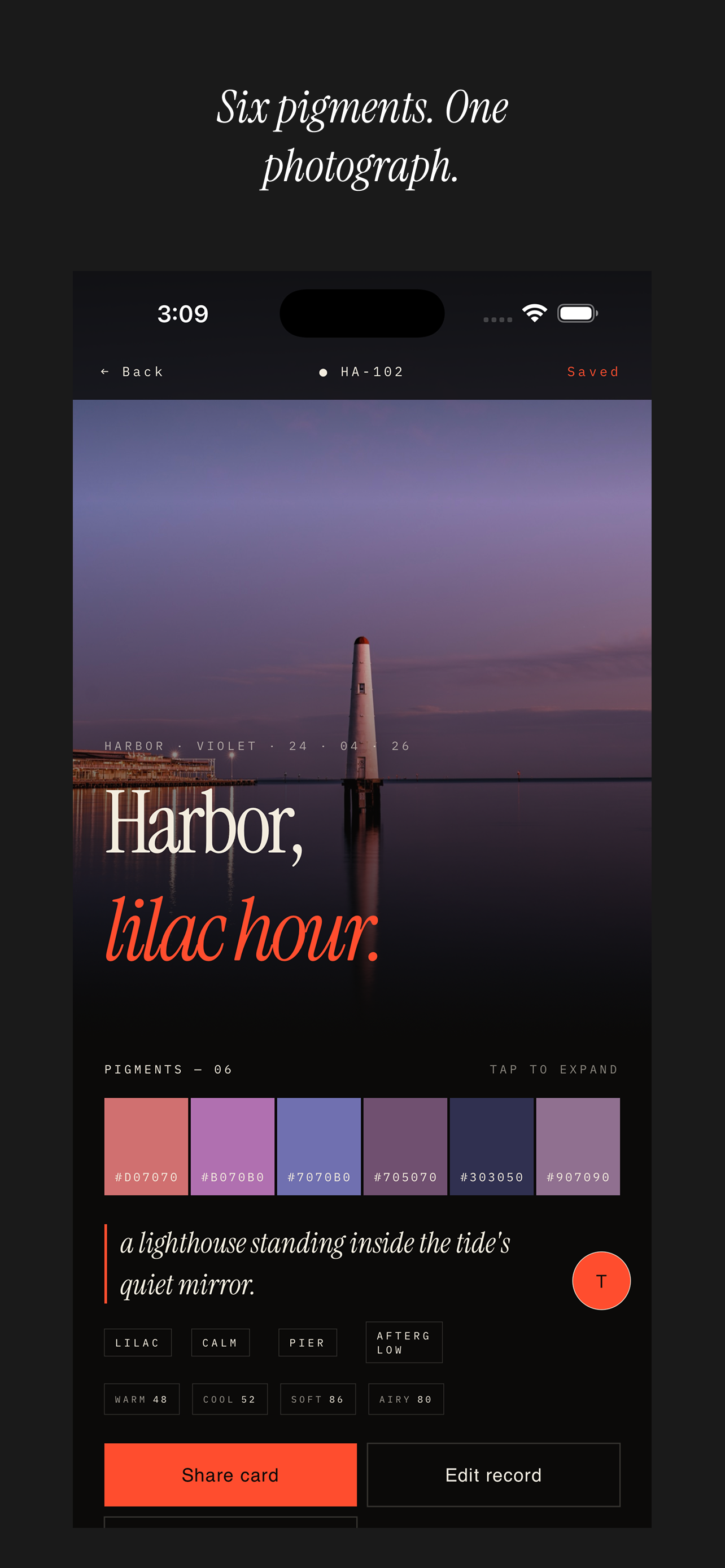 HueAtlas result screen showing a harbor reading, six pigments, a mood line, and sharing actions.